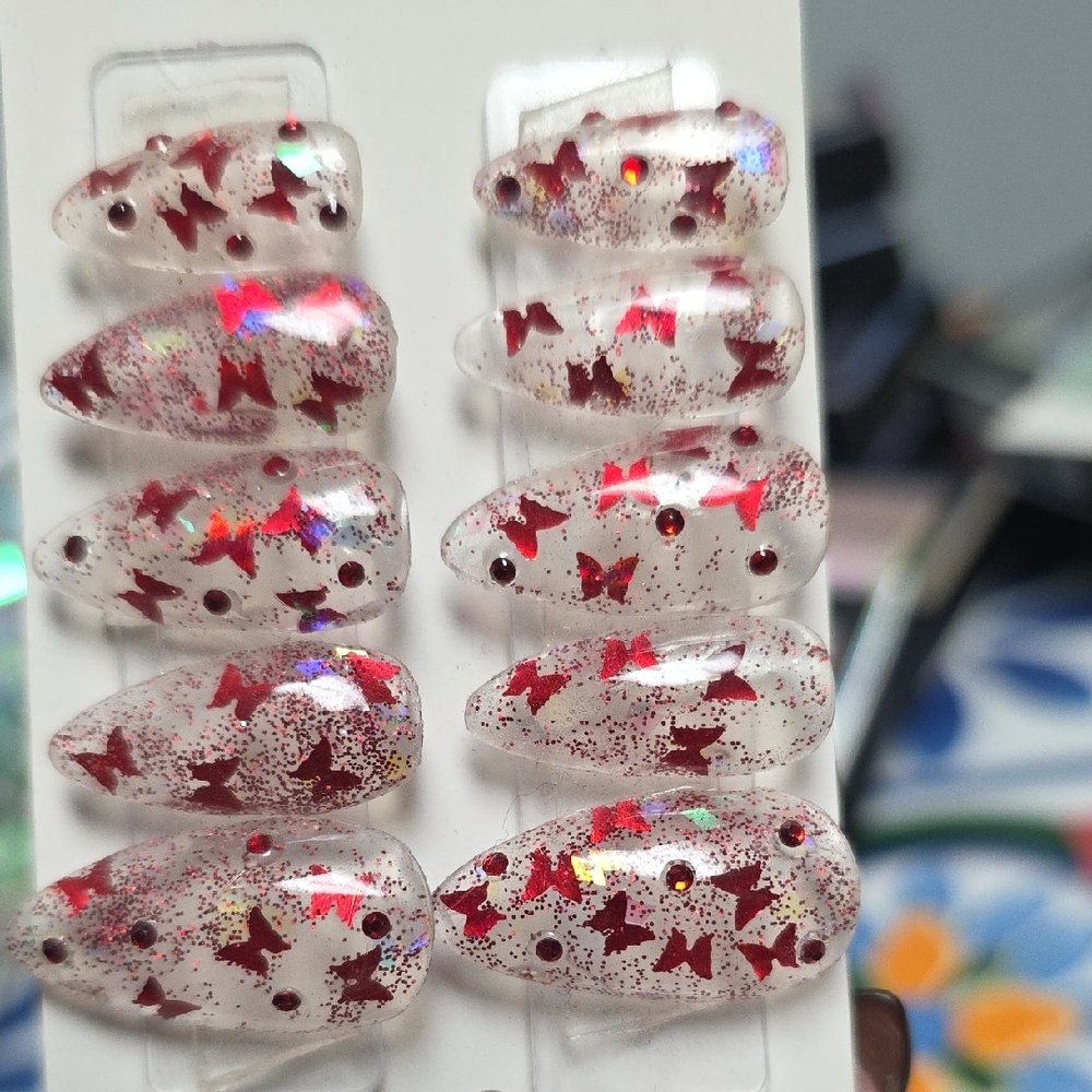 Clear Red Butterfly Press On Nails Med Length